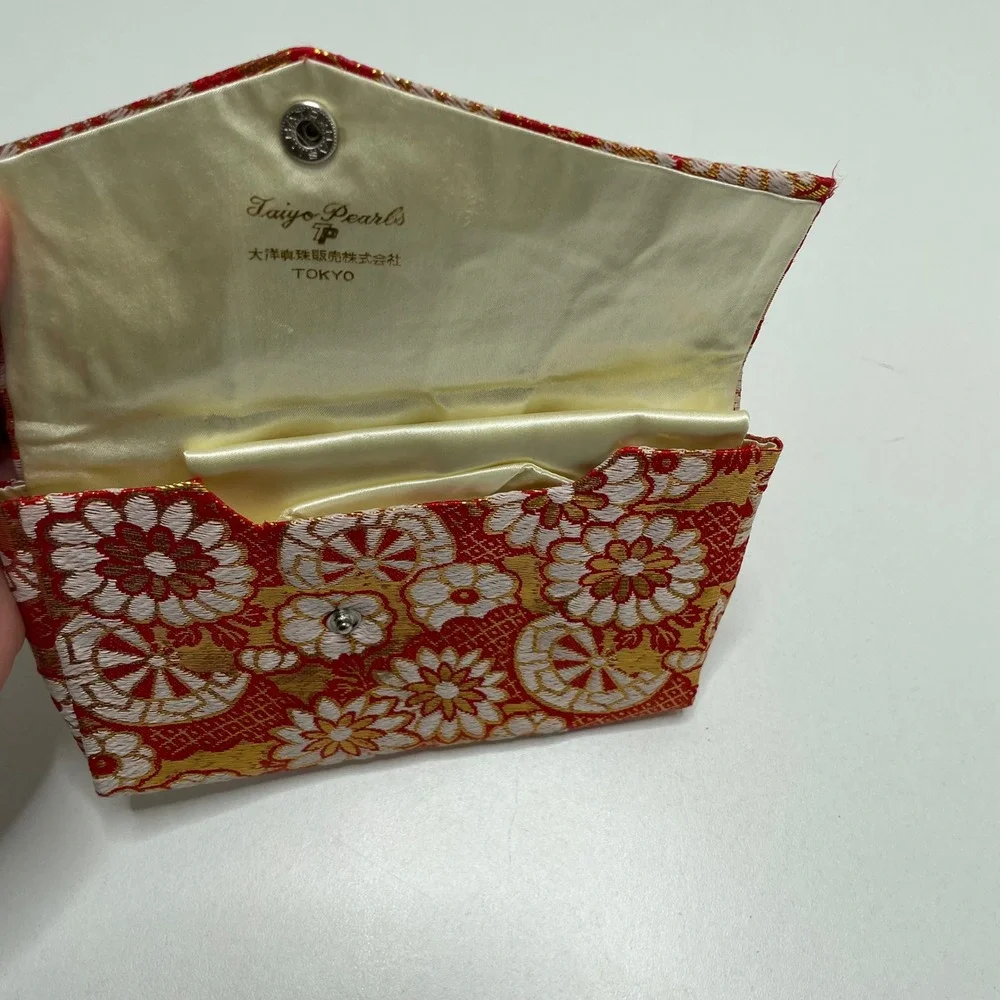Vintage Taiyo Pearls Tokyo Red Gold Brocade Jewelry Pouch Snap Case Japan
